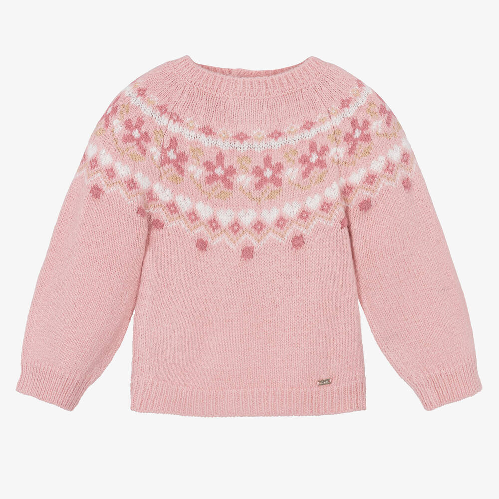 Mayoral - Girls Pink Knitted Fair Isle Sweater | Childrensalon