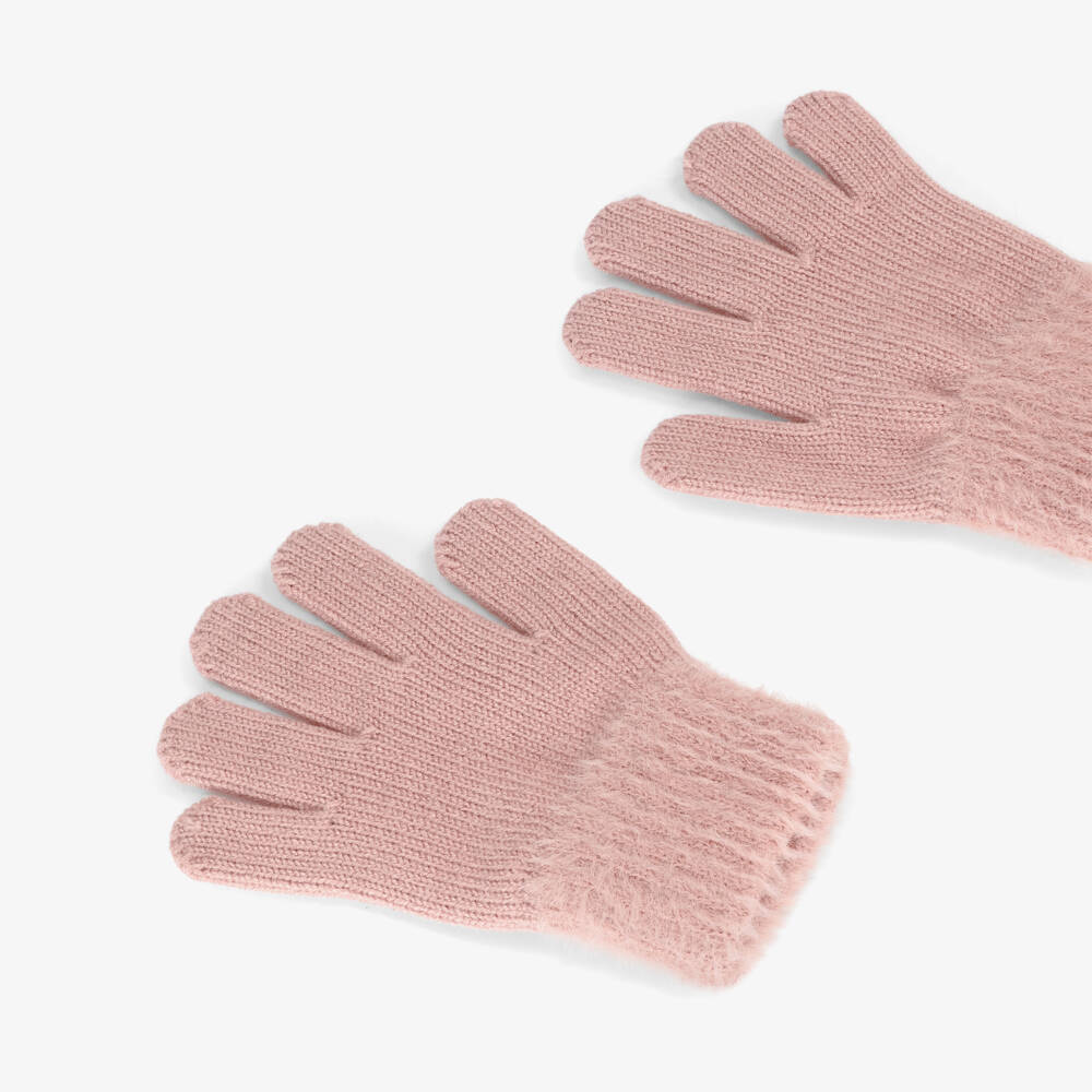 Mayoral-Girls Pink Knitted Gloves with Fluffy Cuffs | Childrensalon Outlet