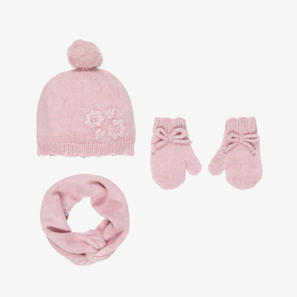 Mayoral-Girls Pink Knitted Hat, Scarf & Mittens Set | Childrensalon Outlet