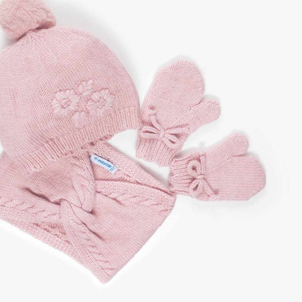 Mayoral-Girls Pink Knitted Hat, Scarf & Mittens Set | Childrensalon Outlet