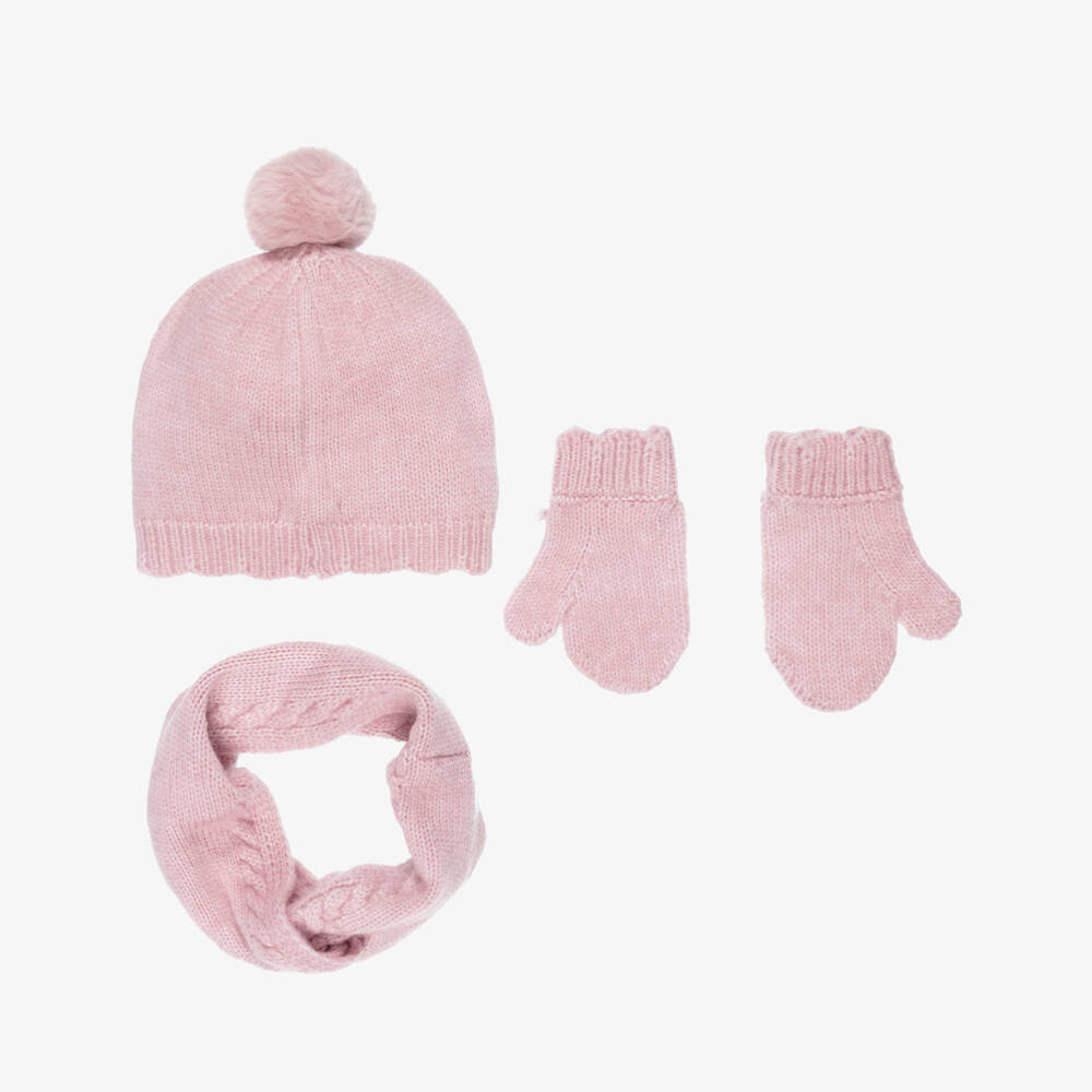 Mayoral-Girls Pink Knitted Hat, Scarf & Mittens Set | Childrensalon Outlet
