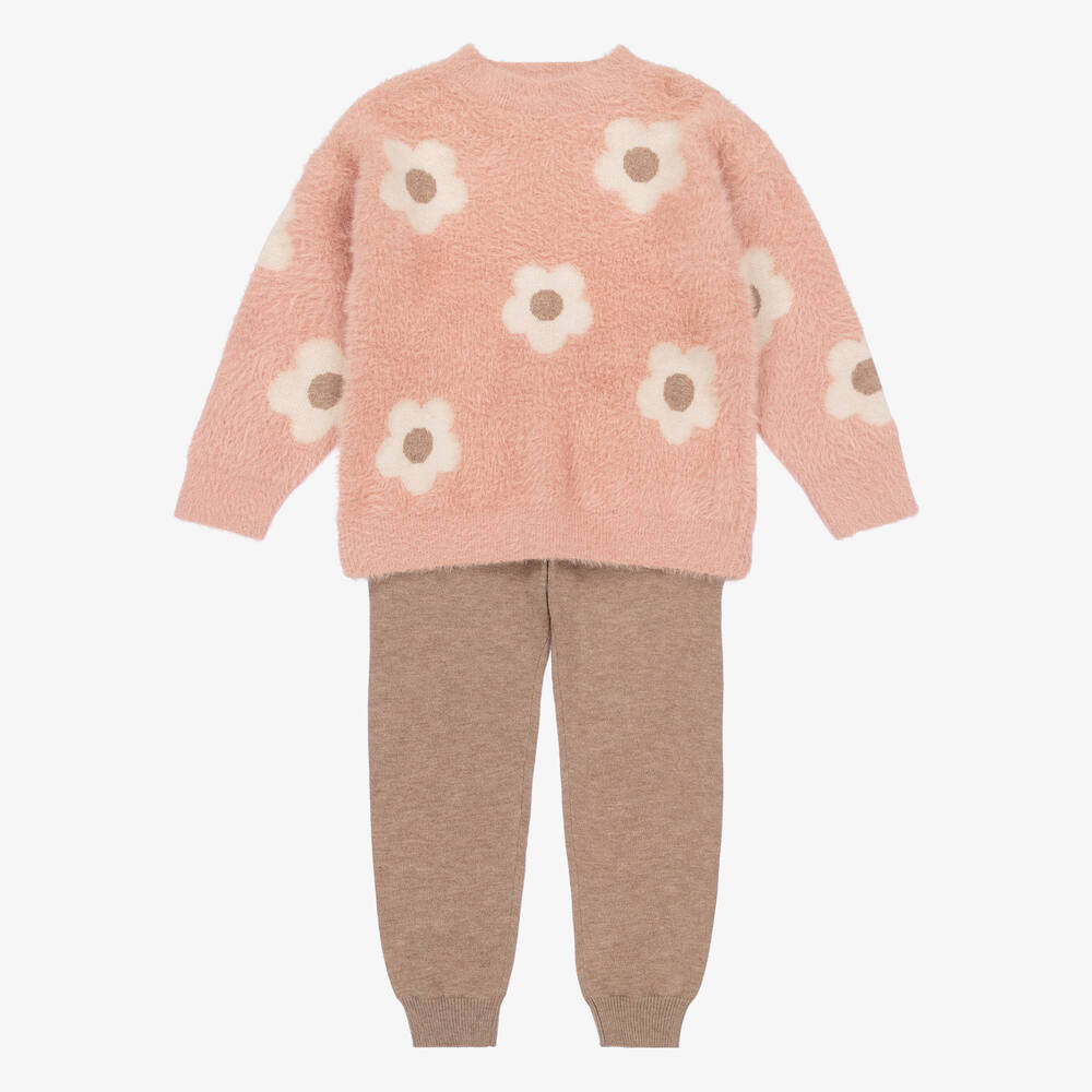 Mayoral - Розовый вязаный свитер с искусственным мехом и брюки | Childrensalon
