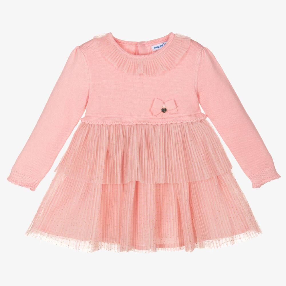 Mayoral - Розовое трикотажное платье с отделкой из тюля | Childrensalon