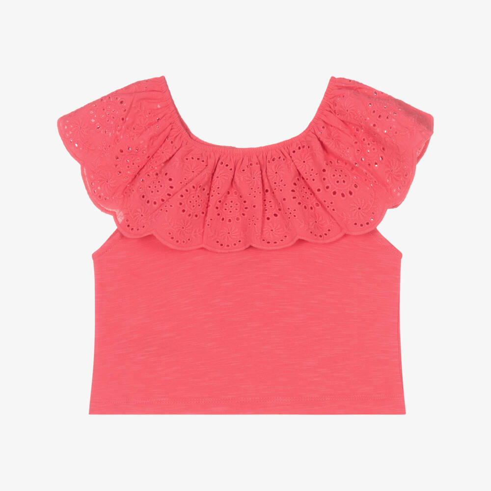 Mayoral-Girls Pink Lace-Trimmed Cotton Blouse | Childrensalon Outlet