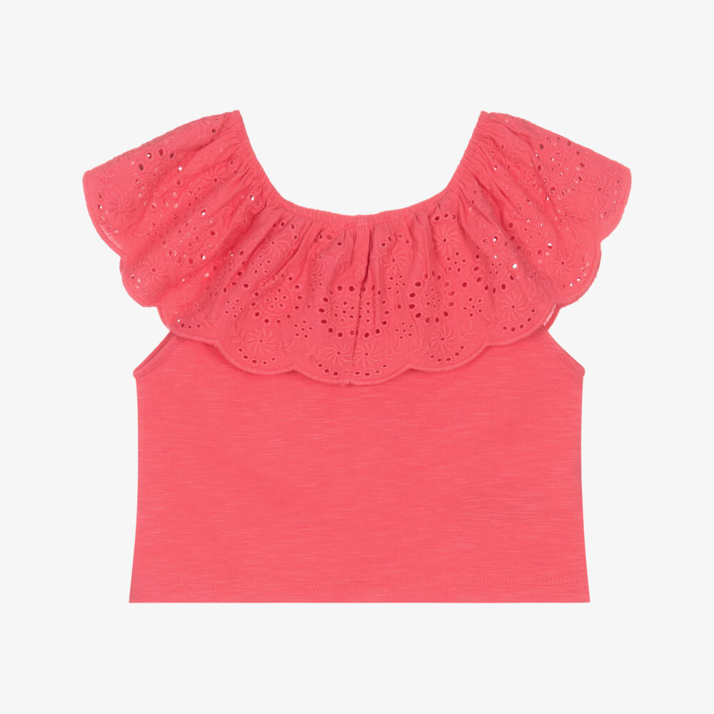 Mayoral-بلوزة قطنية وردية مزينة بالدانتيل للبنات | Childrensalon Outlet