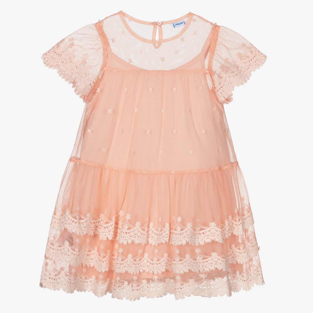 Mayoral - Girls Pink Lace & Tulle Dress | Childrensalon