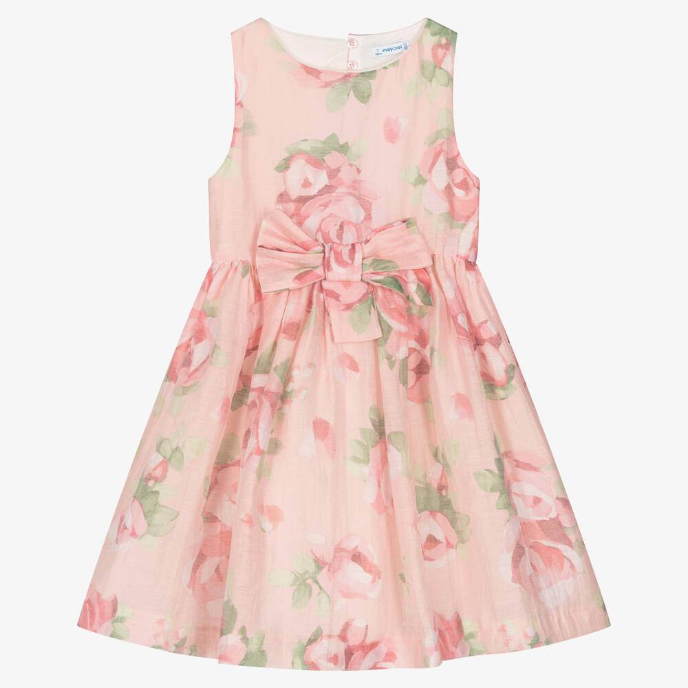 Mayoral - Розовое льняное платье с цветами | Childrensalon
