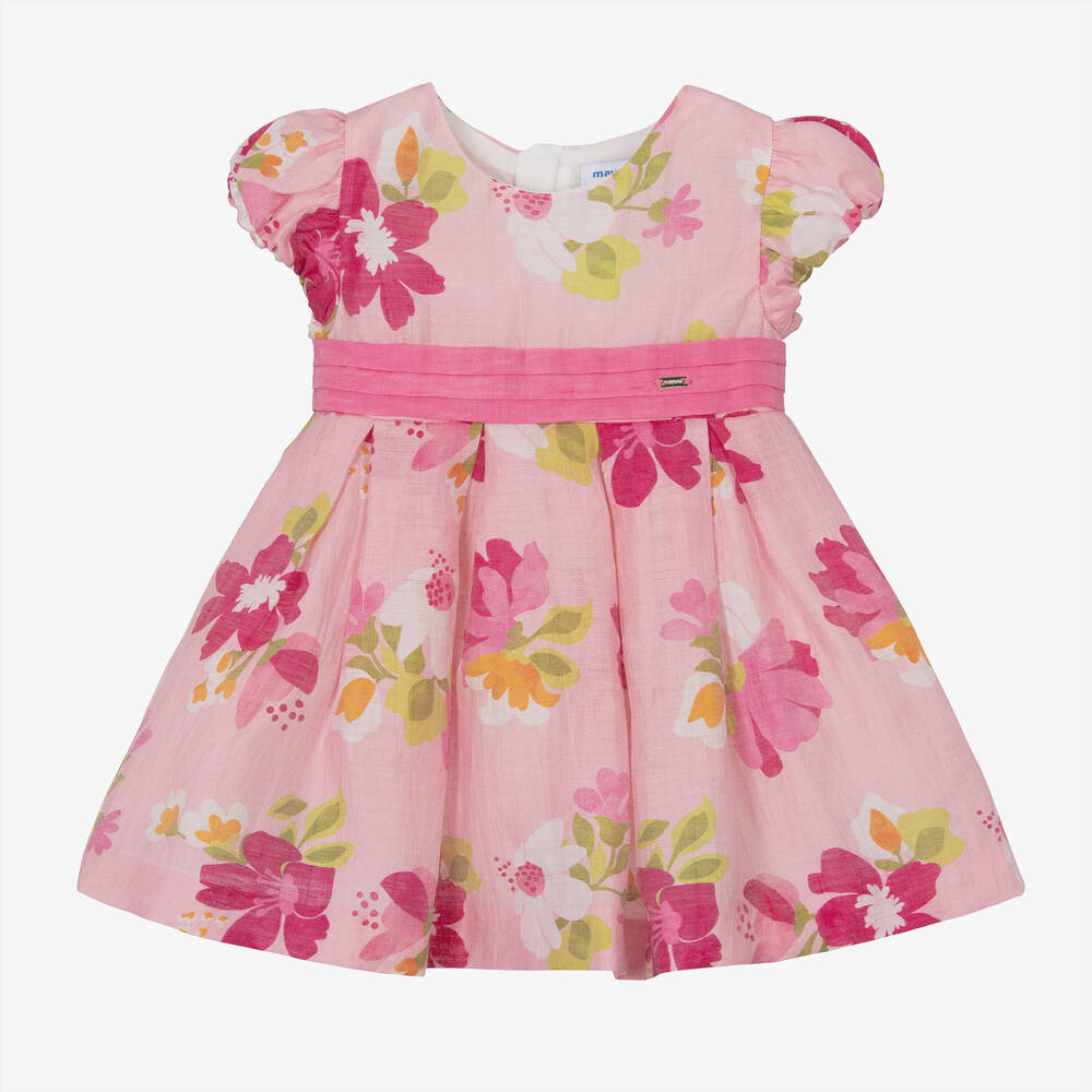 Mayoral-Girls Pink Linen Floral Dress | Childrensalon Outlet