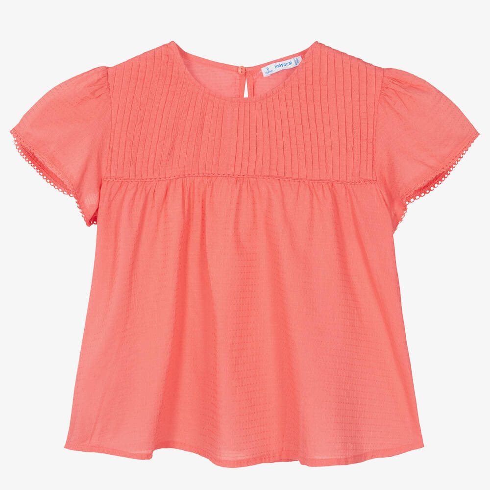 Mayoral - Girls Pink Pleated Cotton Blouse | Childrensalon