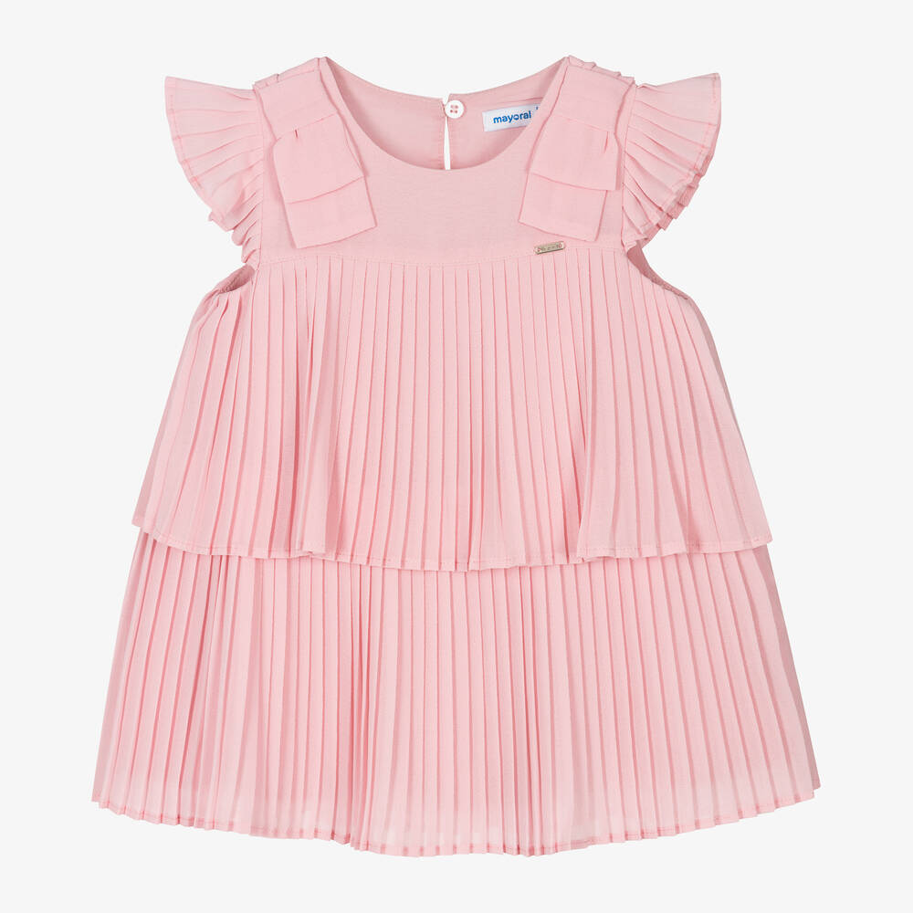 Mayoral-Girls Pink Pleated Crêpe Chiffon Dress | Childrensalon Outlet