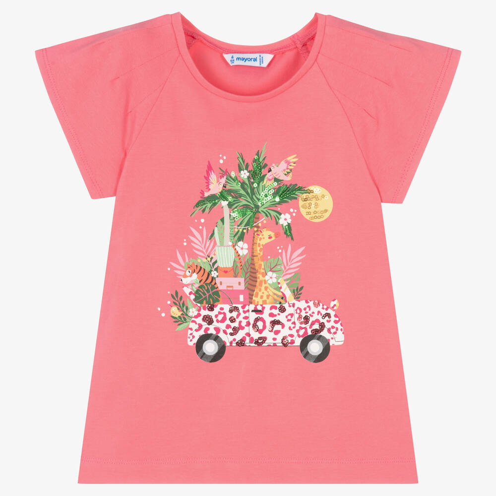 Mayoral - T-shirt rose à imprimé safari fille | Childrensalon