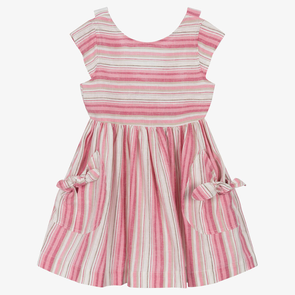 Mayoral - Robe rose rayée en lin fille | Childrensalon