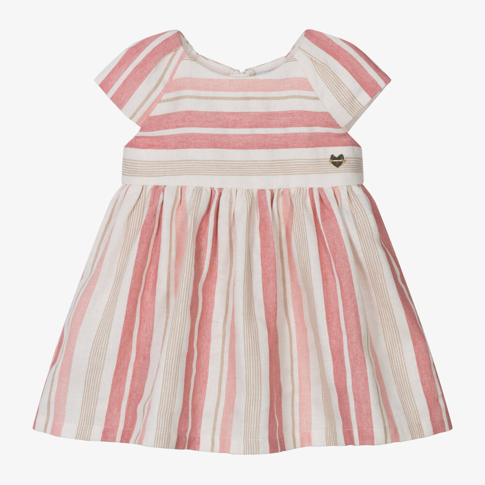 Mayoral-Girls Pink Striped Cotton & Linen Dress | Childrensalon Outlet