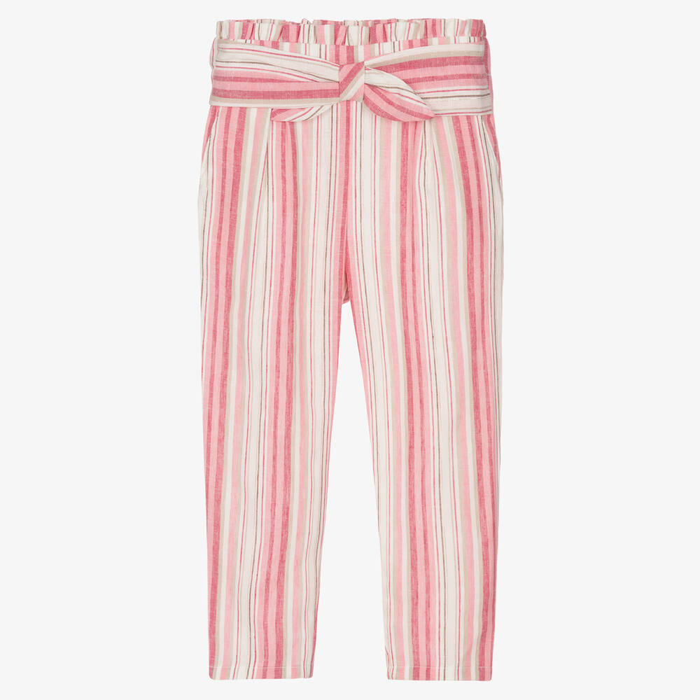 Mayoral - Girls Pink Striped Linen Trousers | Childrensalon