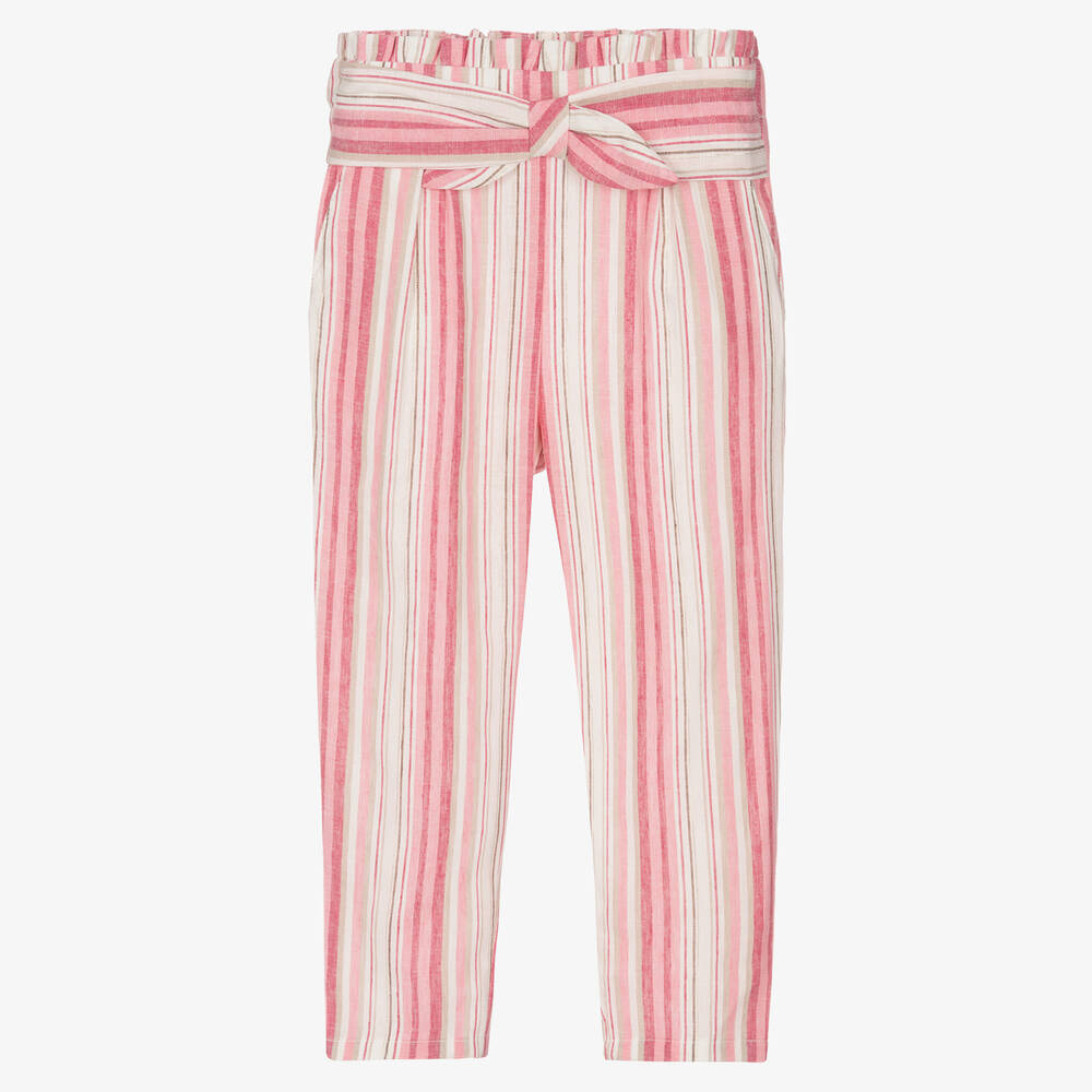 Mayoral-Girls Pink Striped Linen Trousers | Childrensalon Outlet