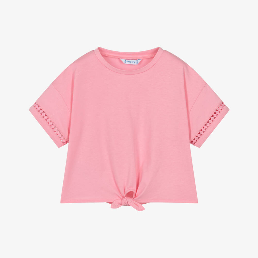 Mayoral-Girls Pink Tie Front T-Shirt | Childrensalon Outlet