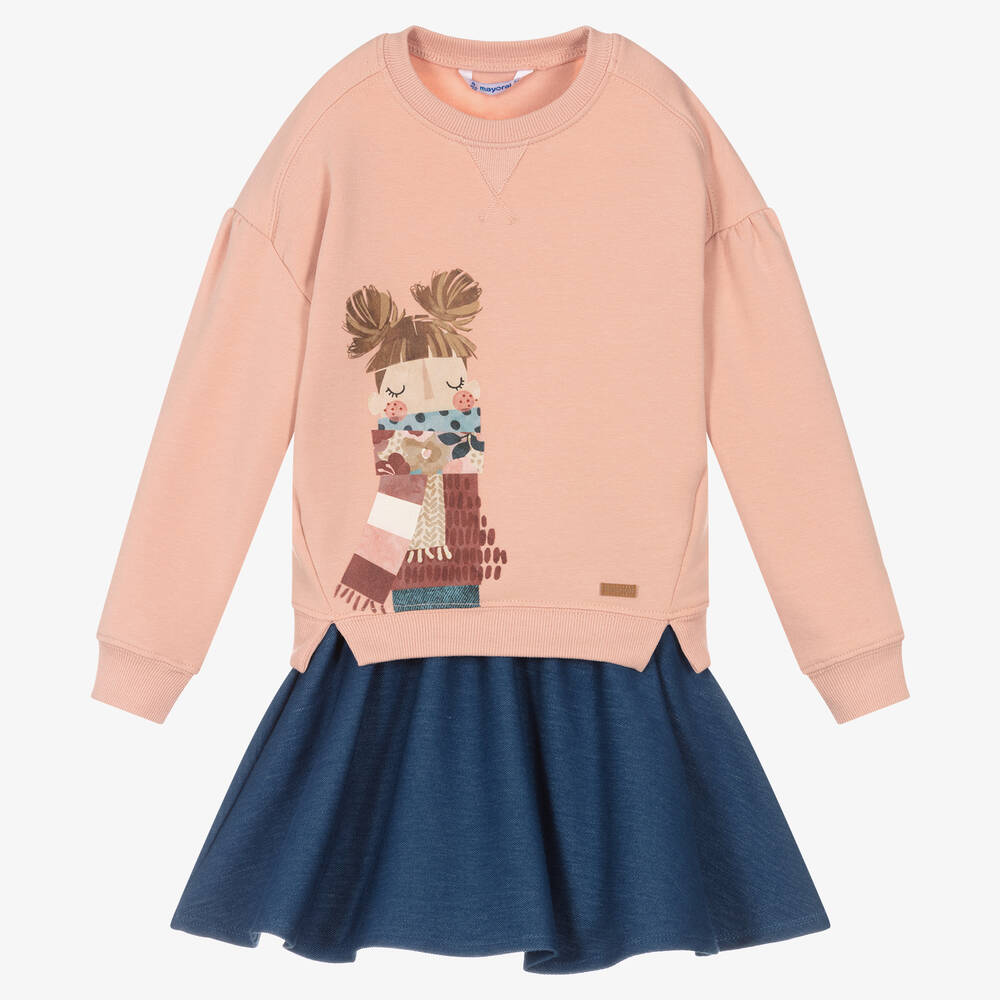 Mayoral - Girls Pink Top & Blue Skirt Set | Childrensalon