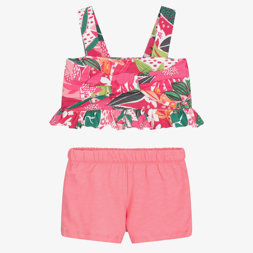 Mayoral - Розовый топ с тропическим принтом и шорты | Childrensalon