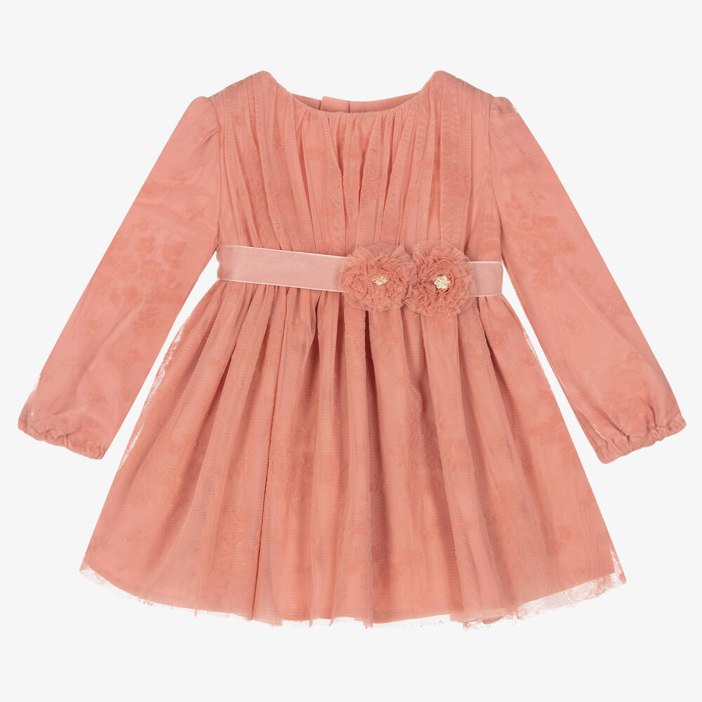 Mayoral - Розовое платье из тюля с цветочным узором для девочек  | Childrensalon