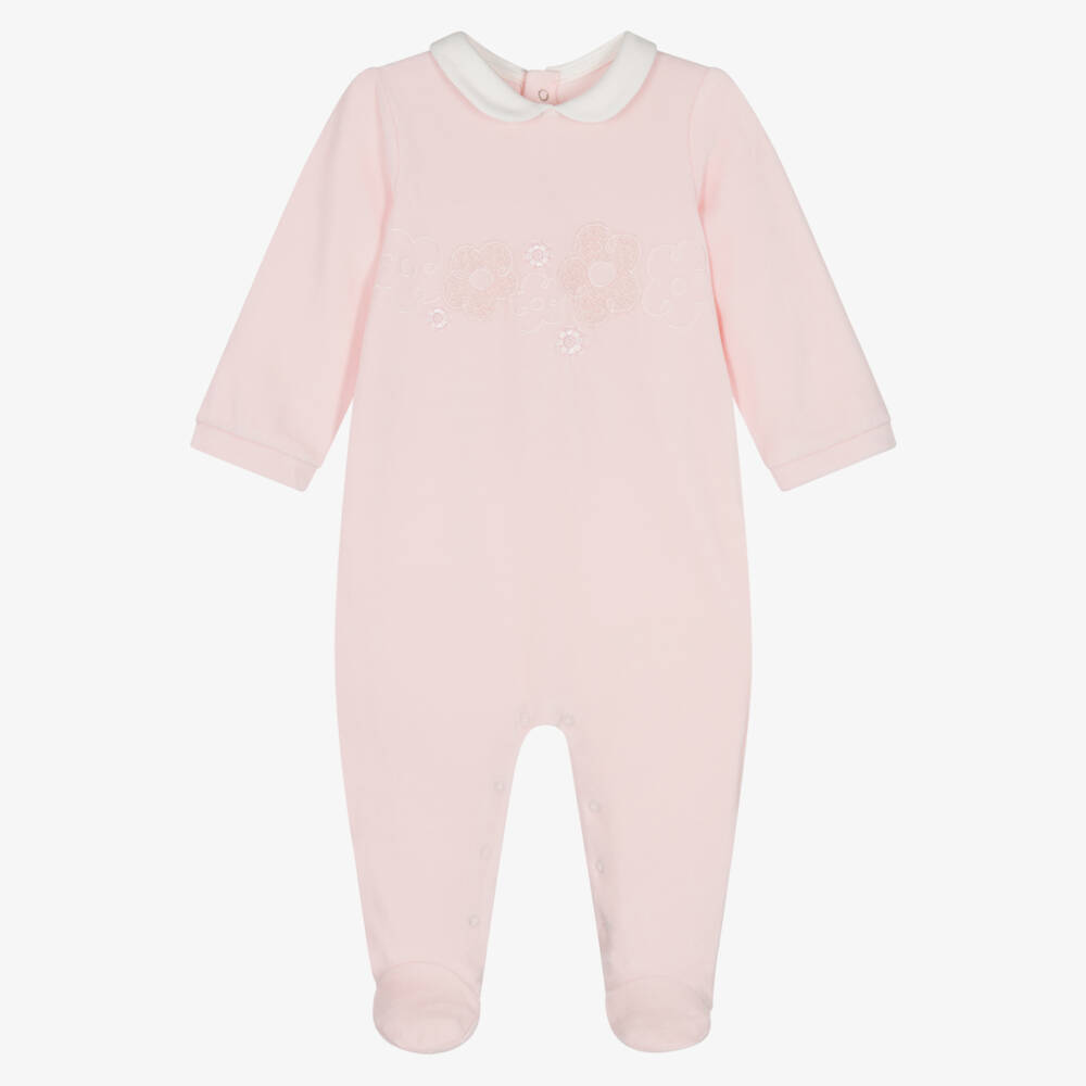 Mayoral-Girls Pink Velour Babygrow with Embroidered Flowers | Childrensalon Outlet