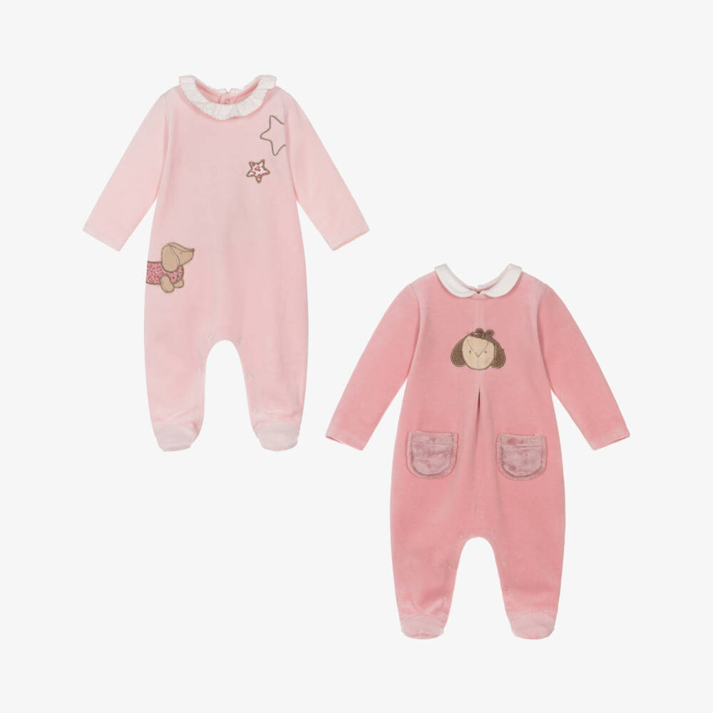 Mayoral Newborn-Girls Pink Velour Babygrows with Puppy Appliqués (2 Pack) | Childrensalon Outlet