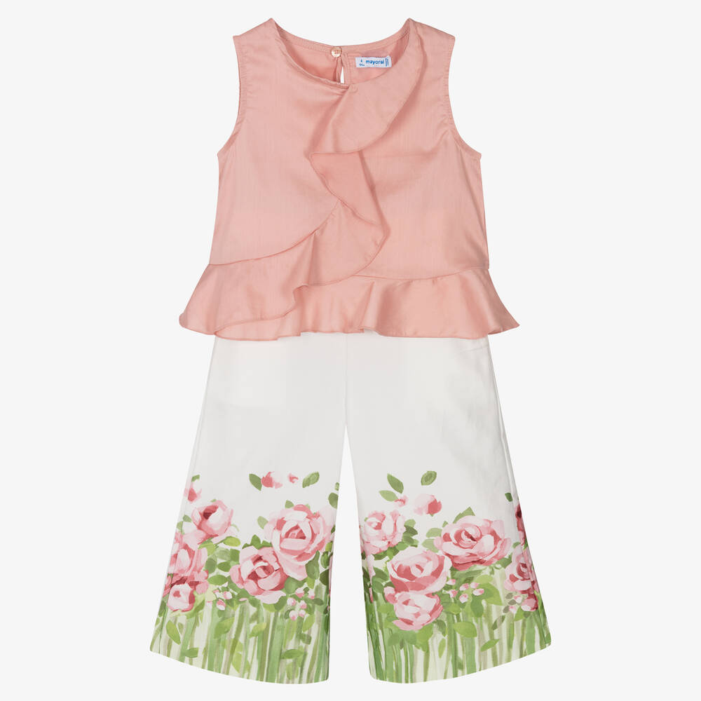 Mayoral - Girls Pink & White Floral Trouser Set | Childrensalon