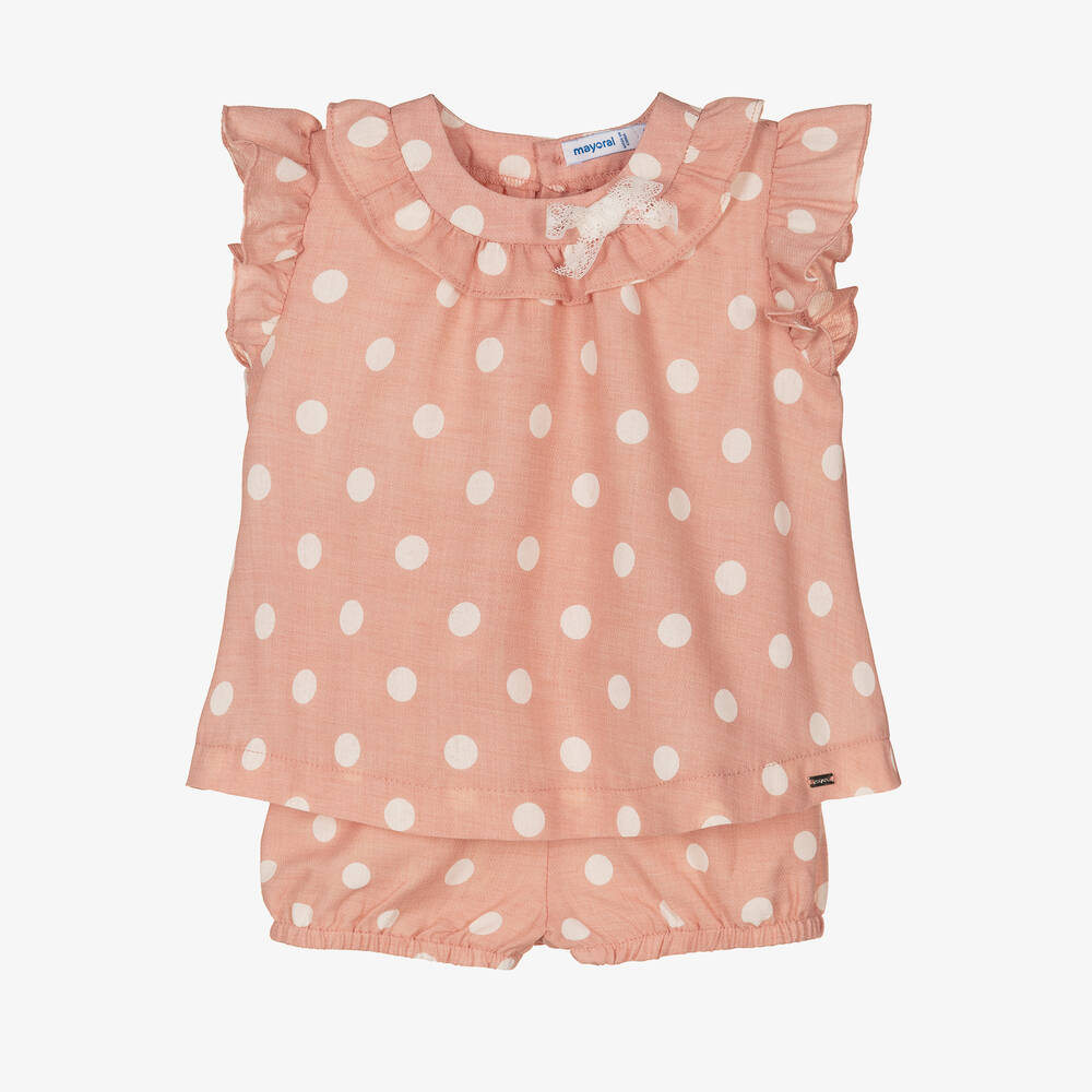 Mayoral - Girls Pink & White Polka Dot Shorts Set | Childrensalon