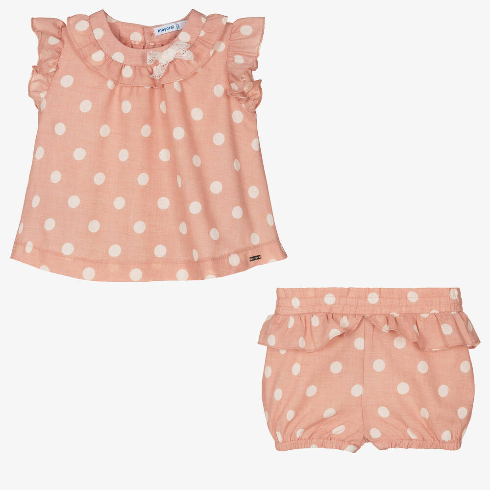 Mayoral-طقم شورت أطفال بناتي مزيج قطن منقط لون زهري وأبيض | Childrensalon Outlet