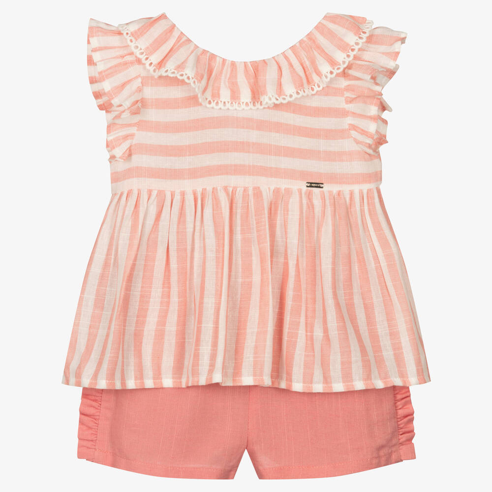 Mayoral - Girls Pink & White Striped Linen Short Set | Childrensalon