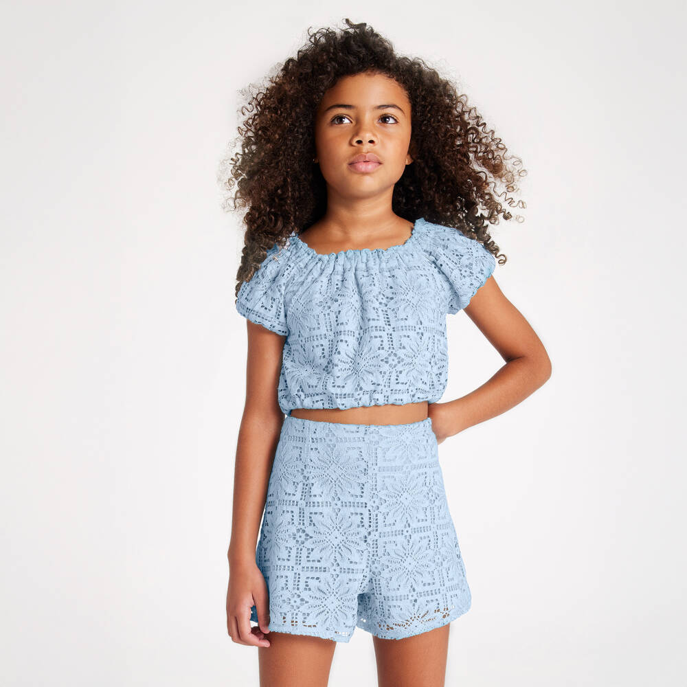 Mayoral-Girls Puff-Sleeve Floral Lace Blouse | Childrensalon Outlet
