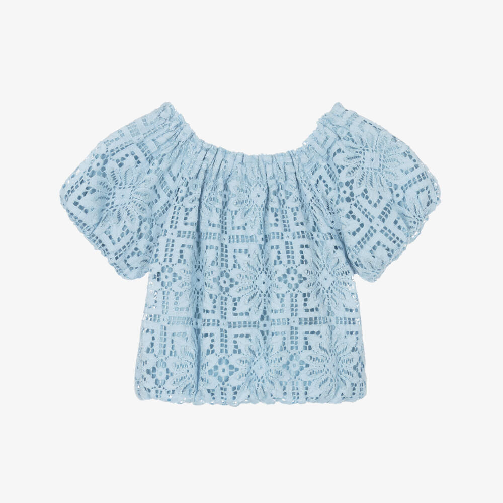 Mayoral-Girls Puff-Sleeve Floral Lace Blouse | Childrensalon Outlet