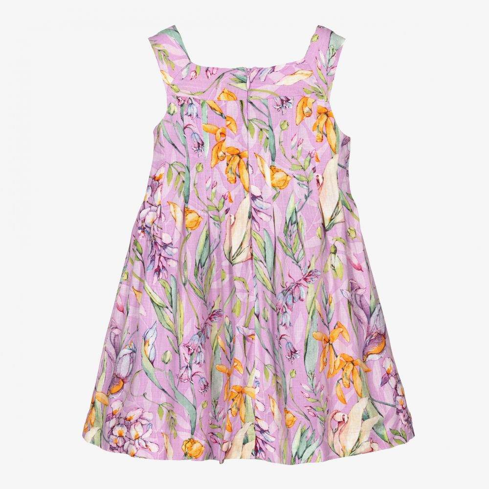 مايورال-فستان مزيج فيسكوز وكتان لون أرجواني بطبعة ورود | Childrensalon Outlet
