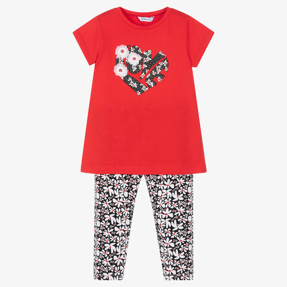 Mayoral-Красная футболка и черные легинсы из хлопка | Childrensalon Outlet
