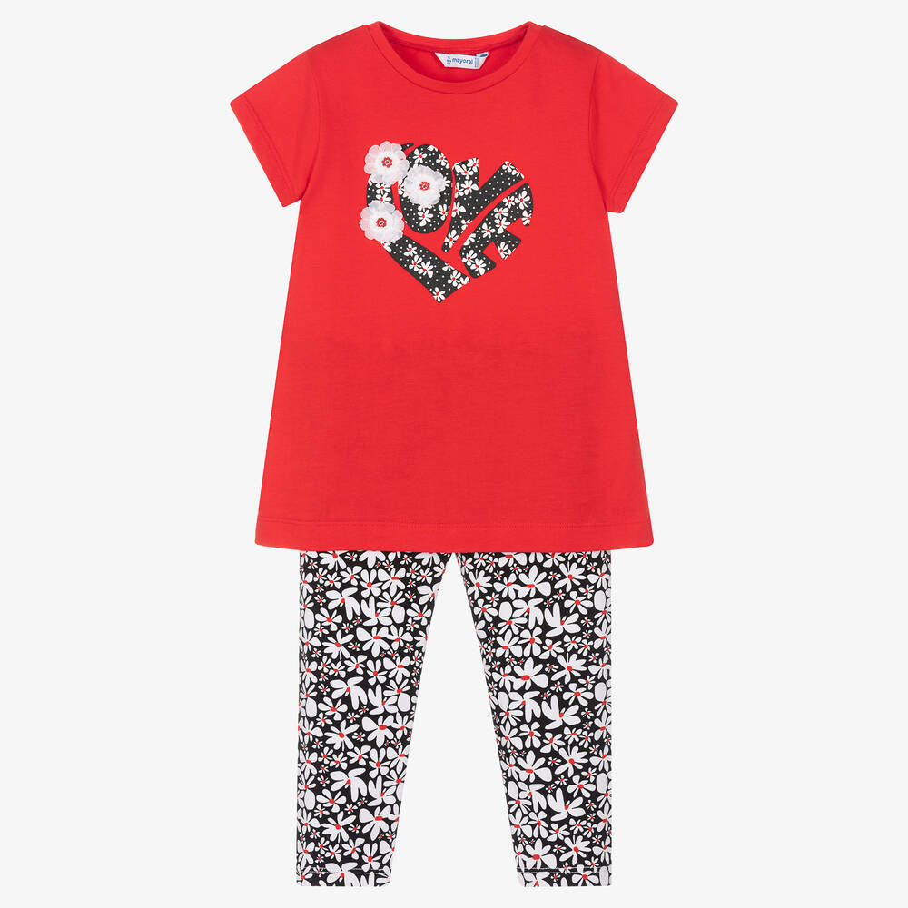 Mayoral - Girls Red & Black Cotton Leggings Set | Childrensalon