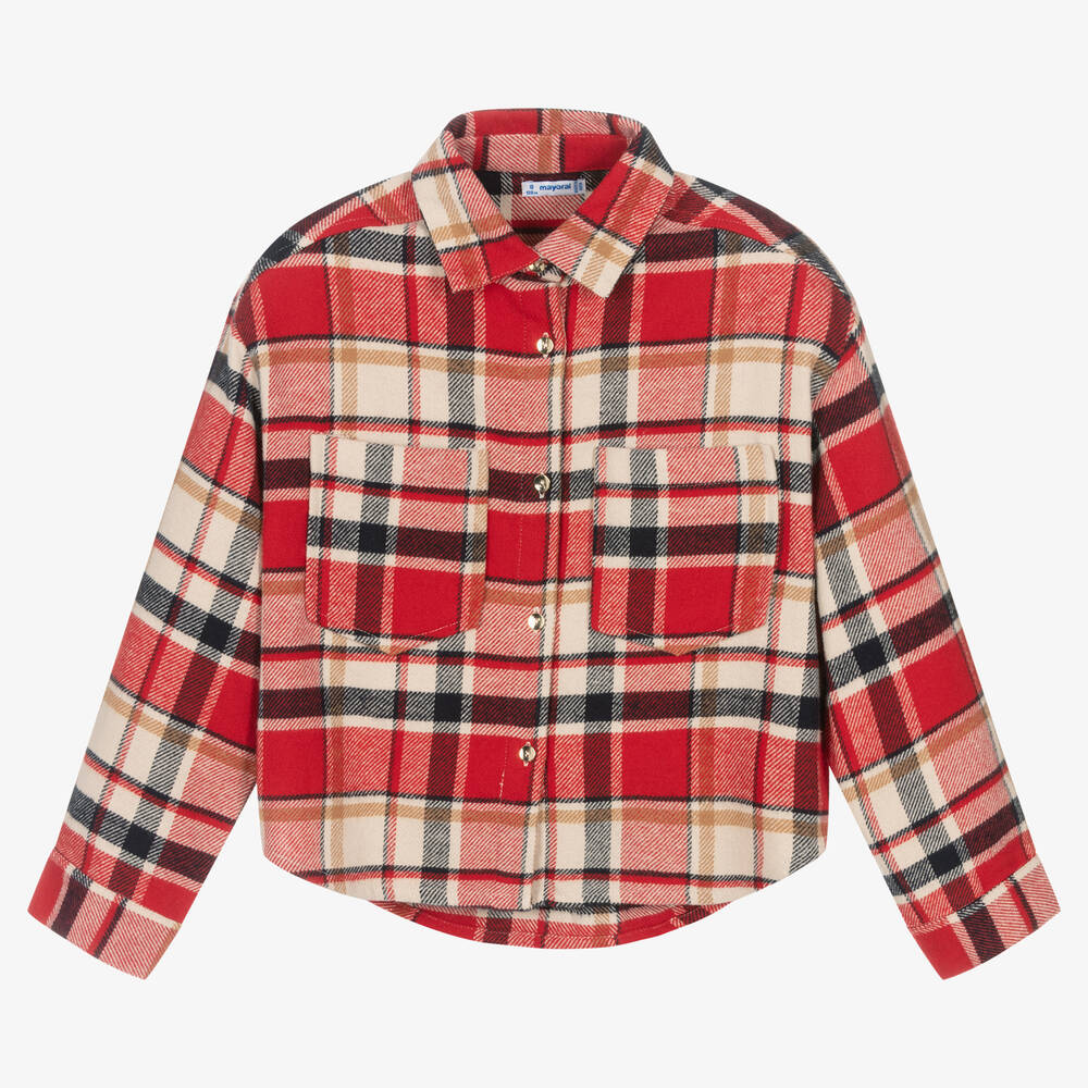 Mayoral - Girls Red Check Brushed Shirt | Childrensalon