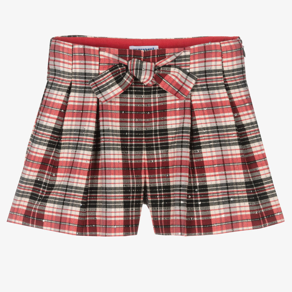 Mayoral - Girls Red Check Pleated Shorts | Childrensalon