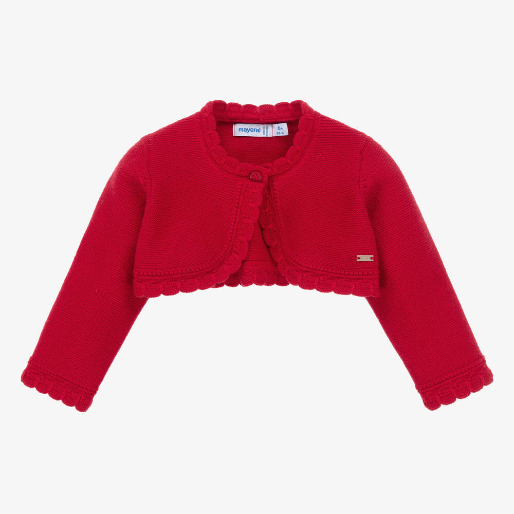 Mayoral - Girls Red Cotton Bolero Cardigan | Childrensalon