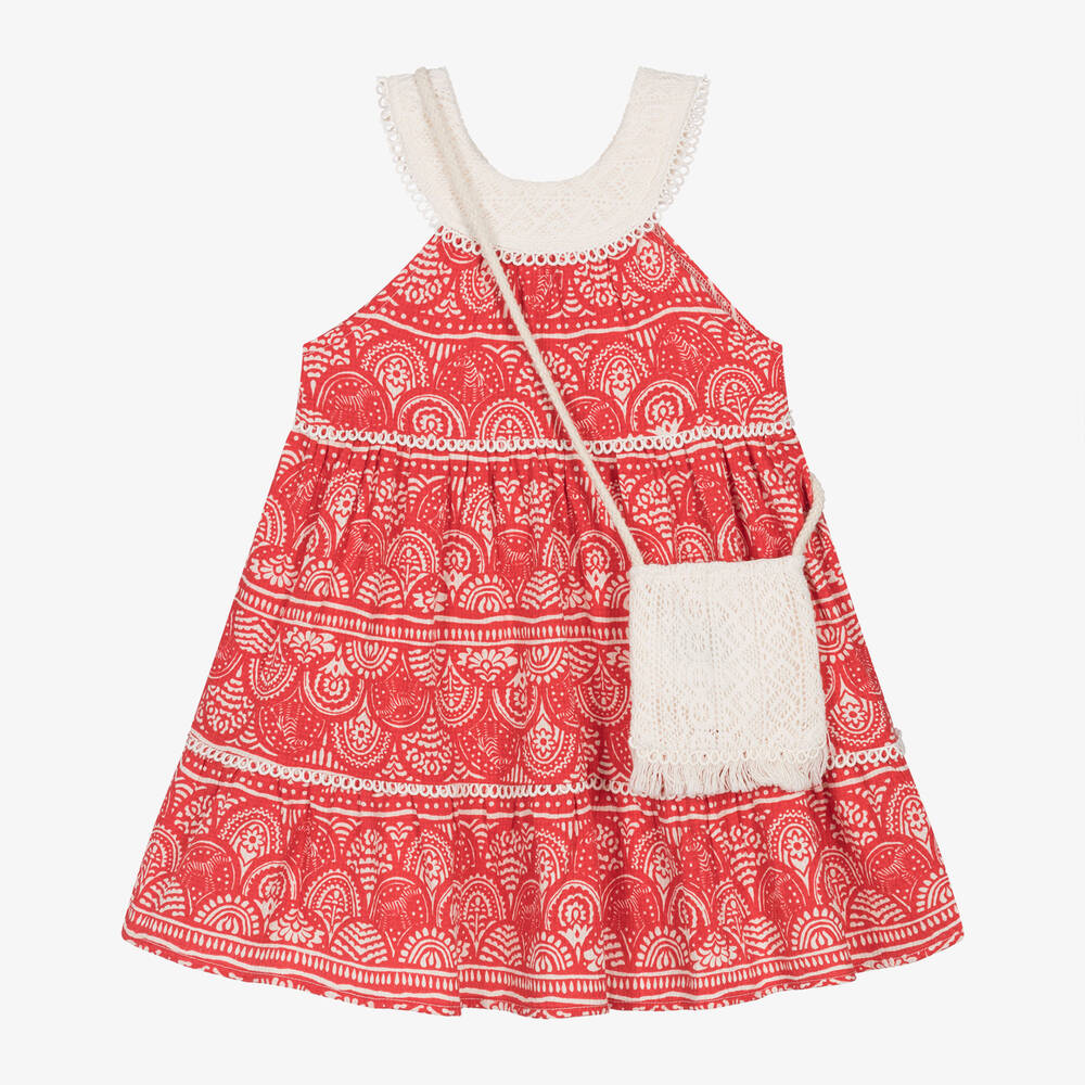 Mayoral-Girls Red Cotton Dress & Ivory Bag Set | Childrensalon Outlet