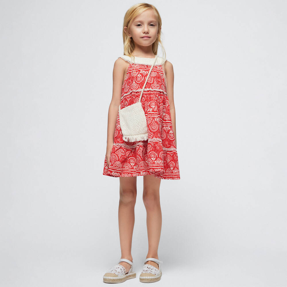 Mayoral-Girls Red Cotton Dress & Ivory Bag Set | Childrensalon Outlet