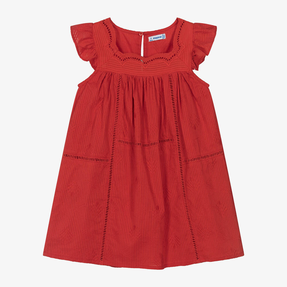 Mayoral-Girls Red Cotton Embroidered Dress | Childrensalon Outlet