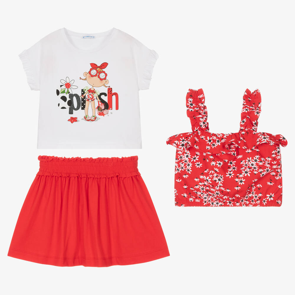 Mayoral - Girls Red Cotton Floral Skirt Set | Childrensalon