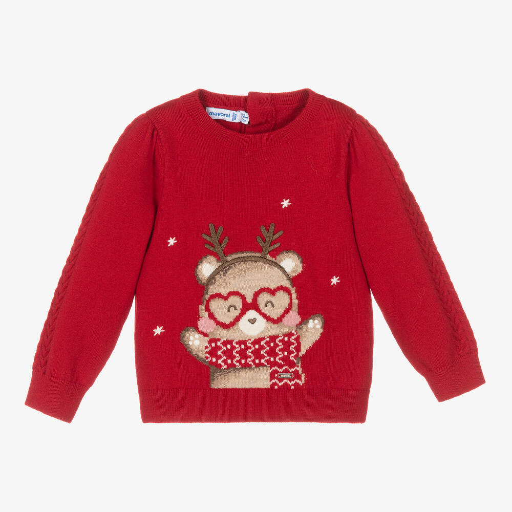 Mayoral - Girls Red Cotton & Wool Reindeer Sweater | Childrensalon