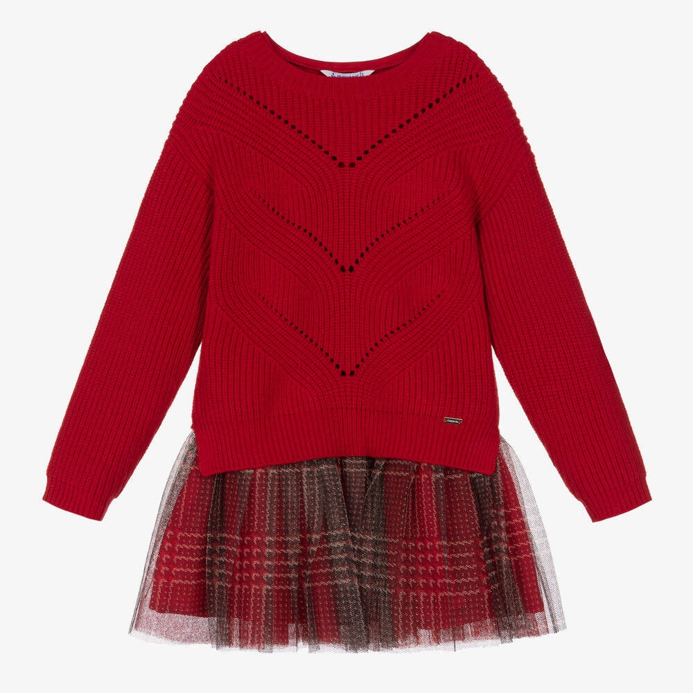 Mayoral - طقم فستان وبلوفر قطن لون أحمر | Childrensalon