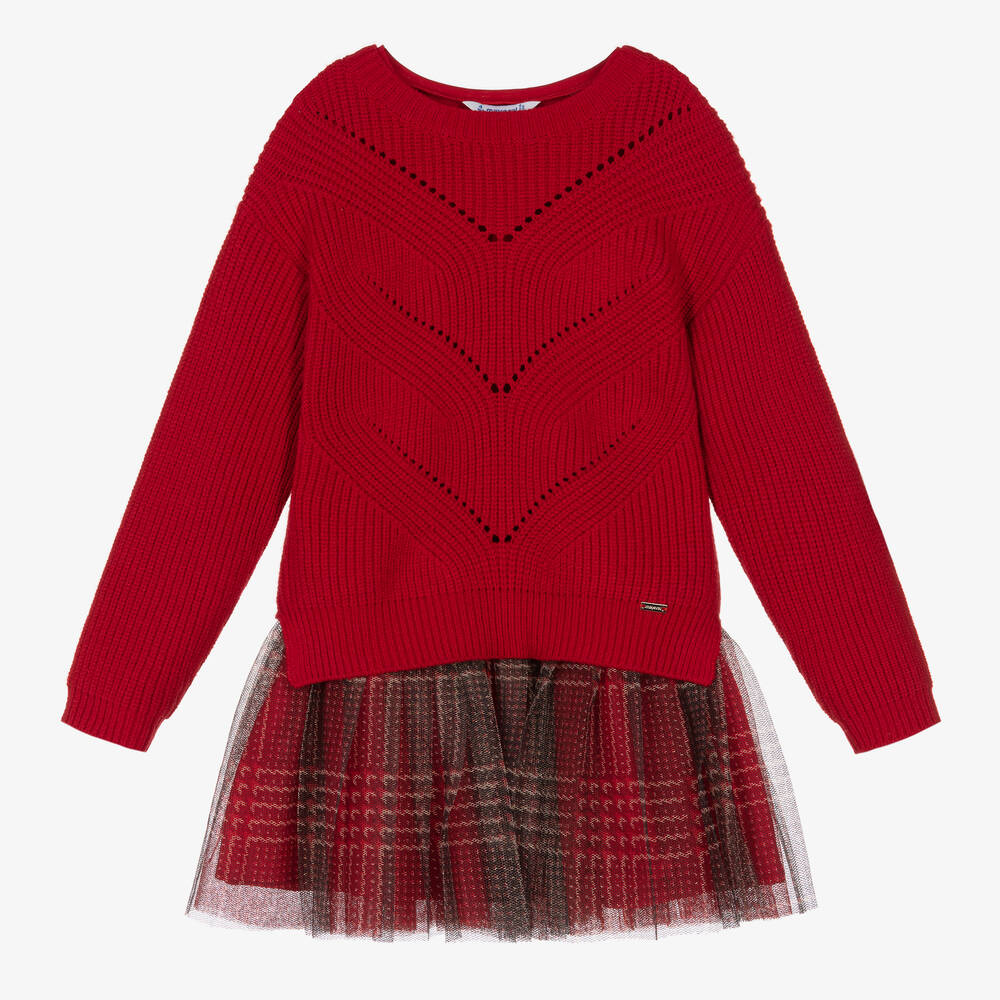 Mayoral-Girls Red Dress & Sweater Set | Childrensalon Outlet
