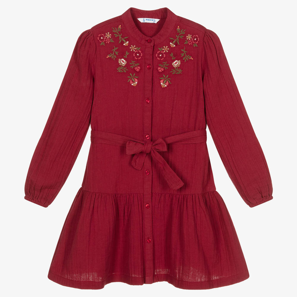 Mayoral - Girls Red Embroidered Dress | Childrensalon