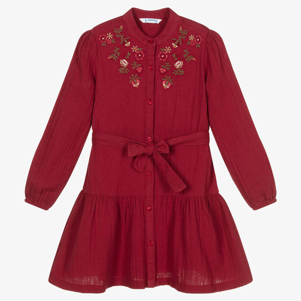 Mayoral-Girls Red Embroidered Dress | Childrensalon Outlet