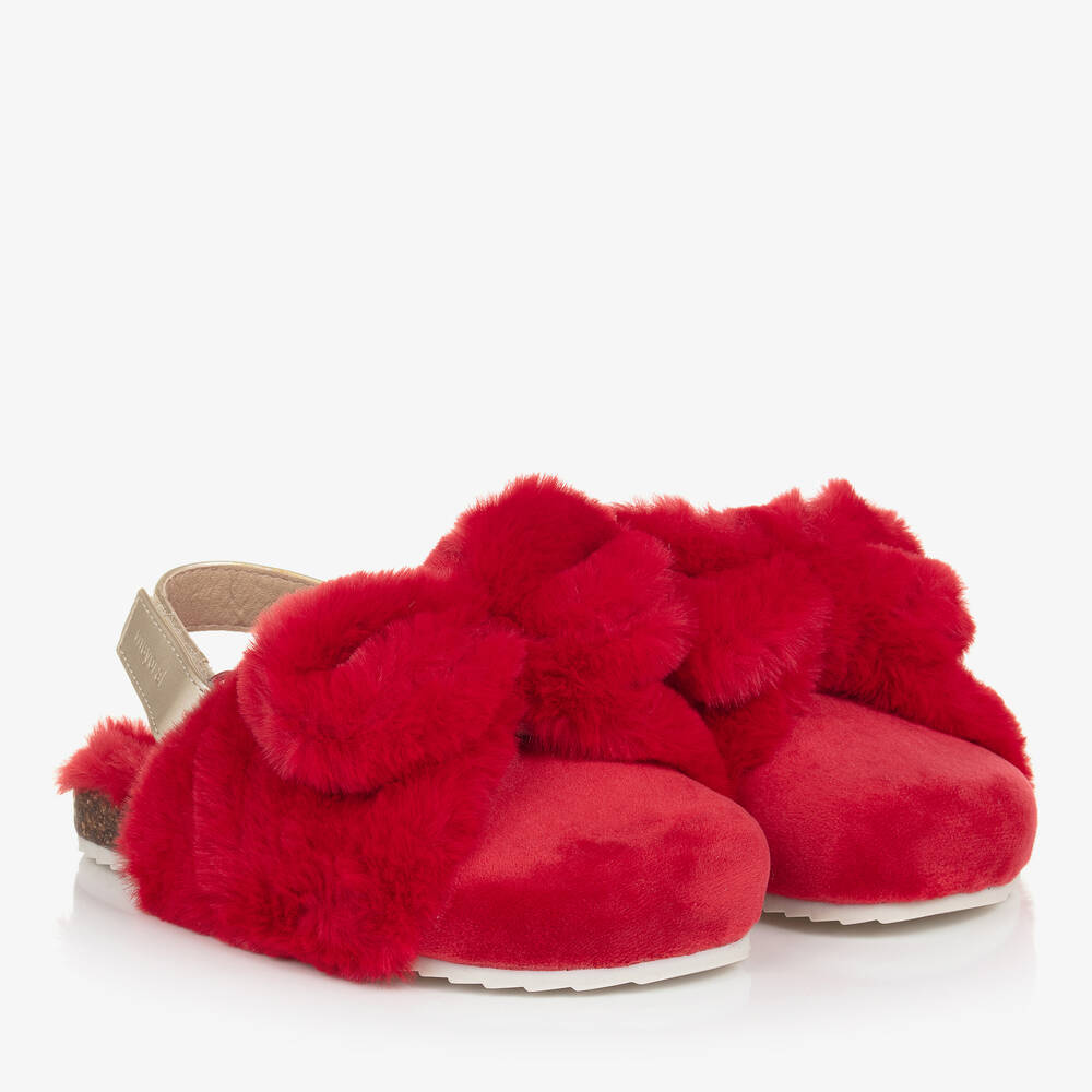 Mayoral - Girls Red Faux Fur & Faux Suede Slippers | Childrensalon