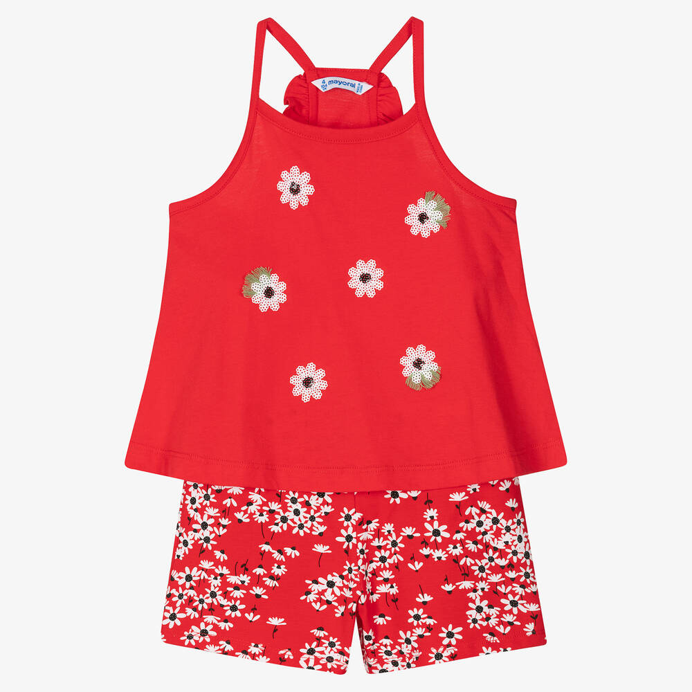 Mayoral - Girls Red Floral Cotton Shorts Set | Childrensalon