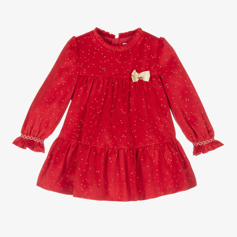 Mayoral - Girls Red & Gold Dot Velvet Dress | Childrensalon