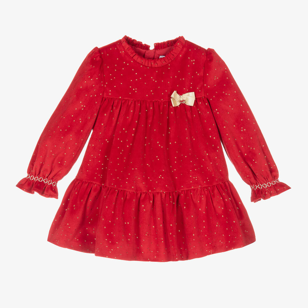 Mayoral - Robe rouge en velours à pois dorés | Childrensalon